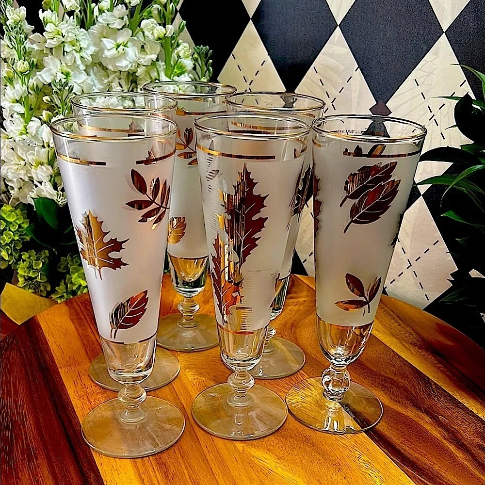 Vintage Libbey 22k Gold Maple Foliage Pilsner Glasses Set of 6| Mid Century Bar - Picture 11 of 17